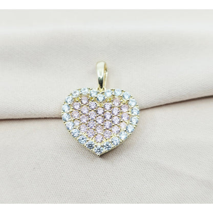 10K Yellow Gold 3D Heart Iced Pink CZ Charm Pendant