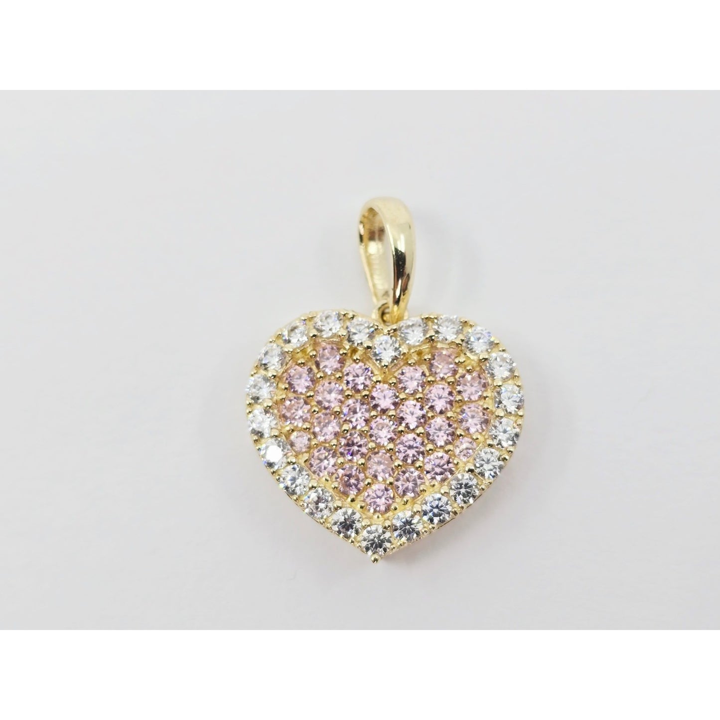 10K Yellow Gold 3D Heart Iced Pink CZ Charm Pendant