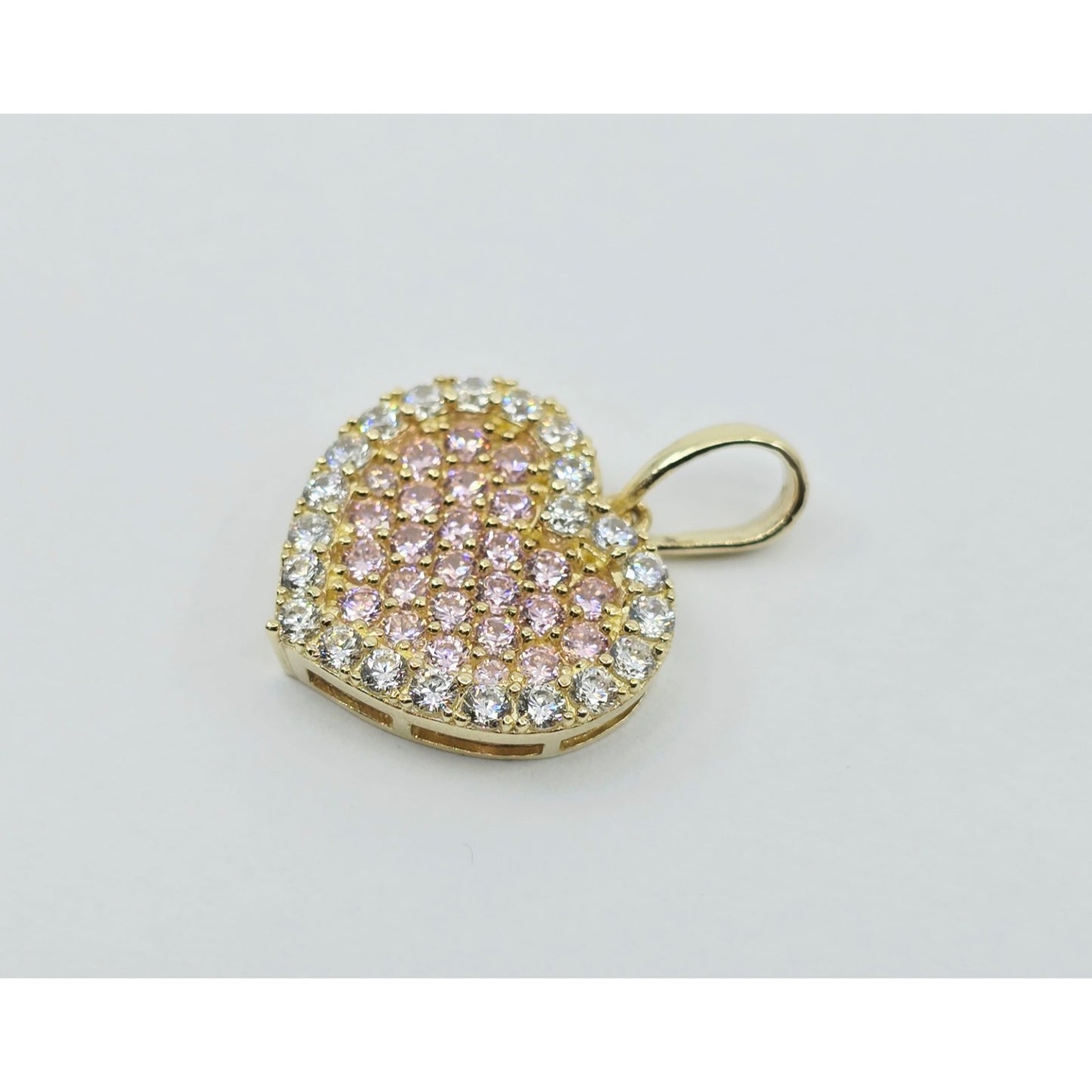 10K Yellow Gold 3D Heart Iced Pink CZ Charm Pendant