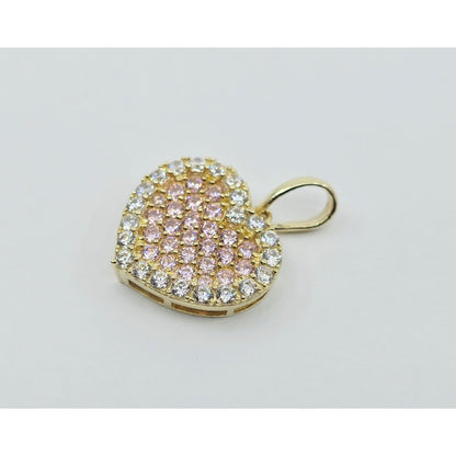 10K Yellow Gold 3D Heart Iced Pink CZ Charm Pendant