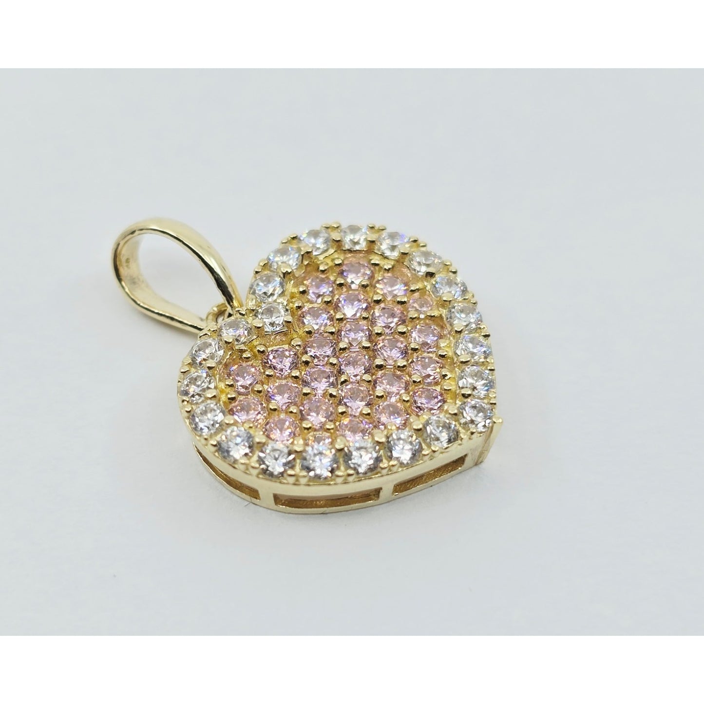 10K Yellow Gold 3D Heart Iced Pink CZ Charm Pendant