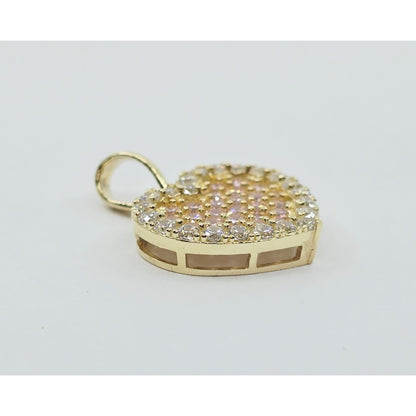 10K Yellow Gold 3D Heart Iced Pink CZ Charm Pendant