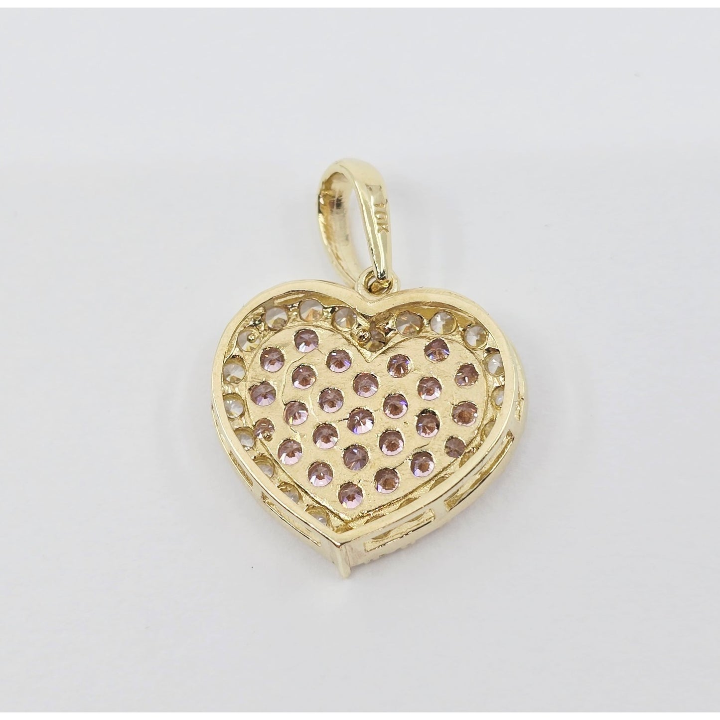 10K Yellow Gold 3D Heart Iced Pink CZ Charm Pendant
