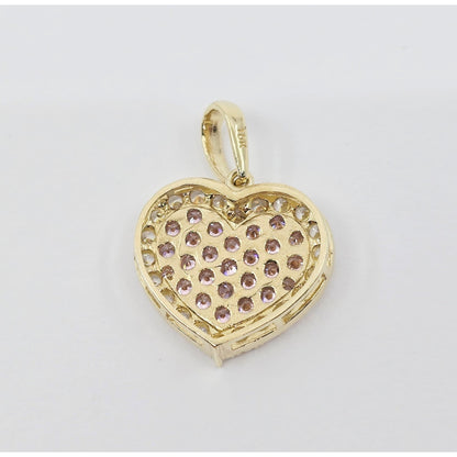 10K Yellow Gold 3D Heart Iced Pink CZ Charm Pendant