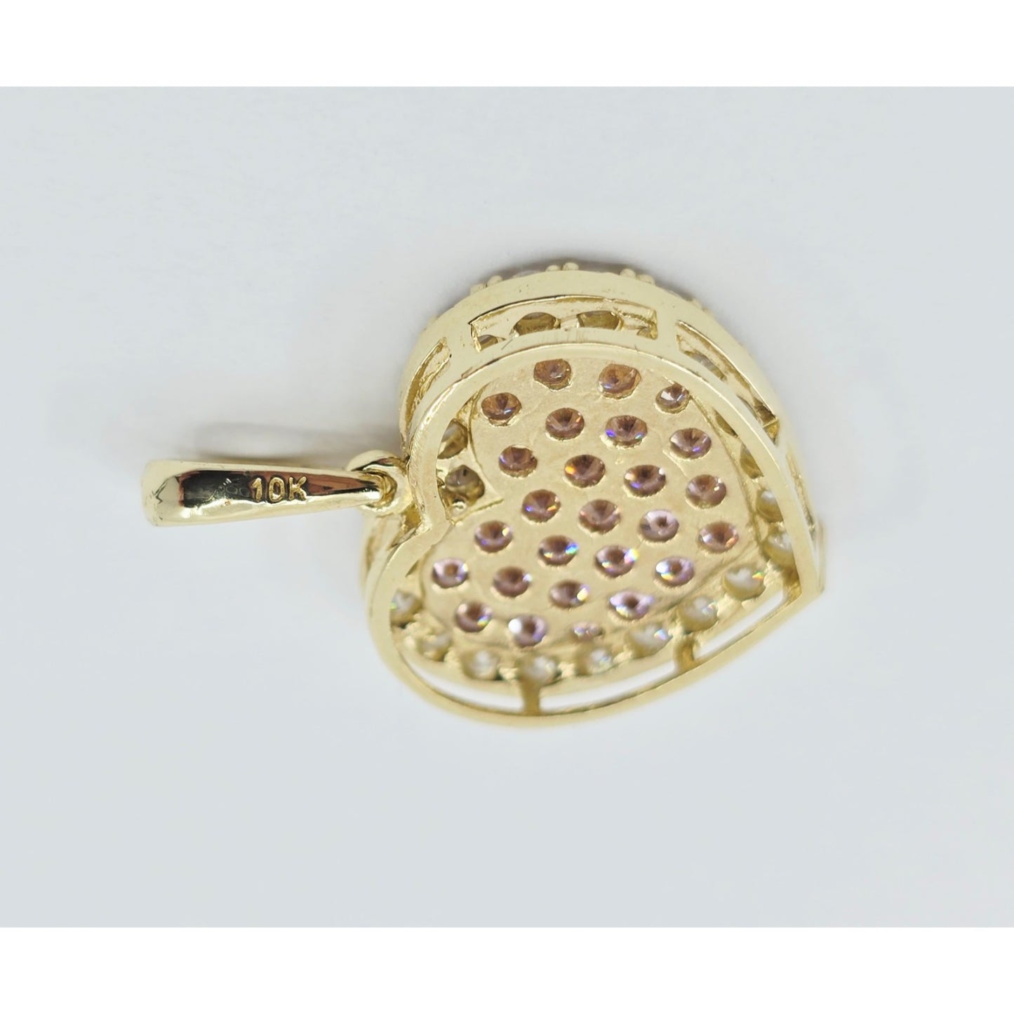 10K Yellow Gold 3D Heart Iced Pink CZ Charm Pendant