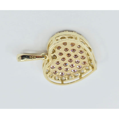 10K Yellow Gold 3D Heart Iced Pink CZ Charm Pendant
