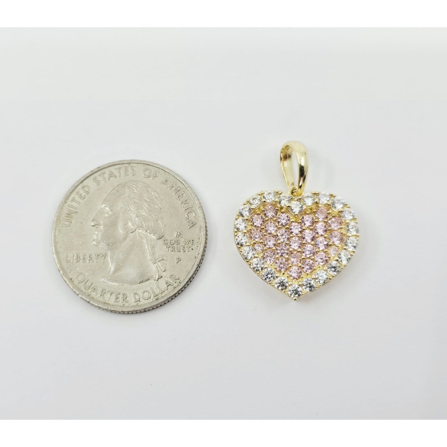 10K Yellow Gold 3D Heart Iced Pink CZ Charm Pendant