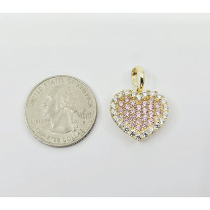 10K Yellow Gold 3D Heart Iced Pink CZ Charm Pendant