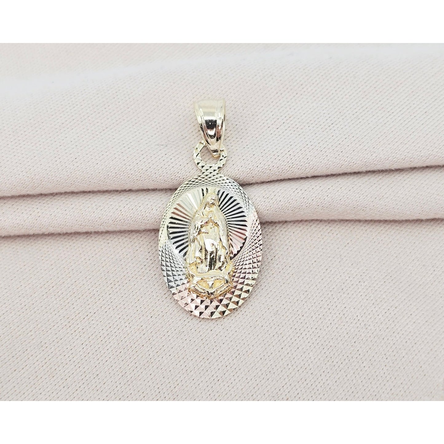 14K Two Tone Gold Oval Saint Mary Charm Pendant