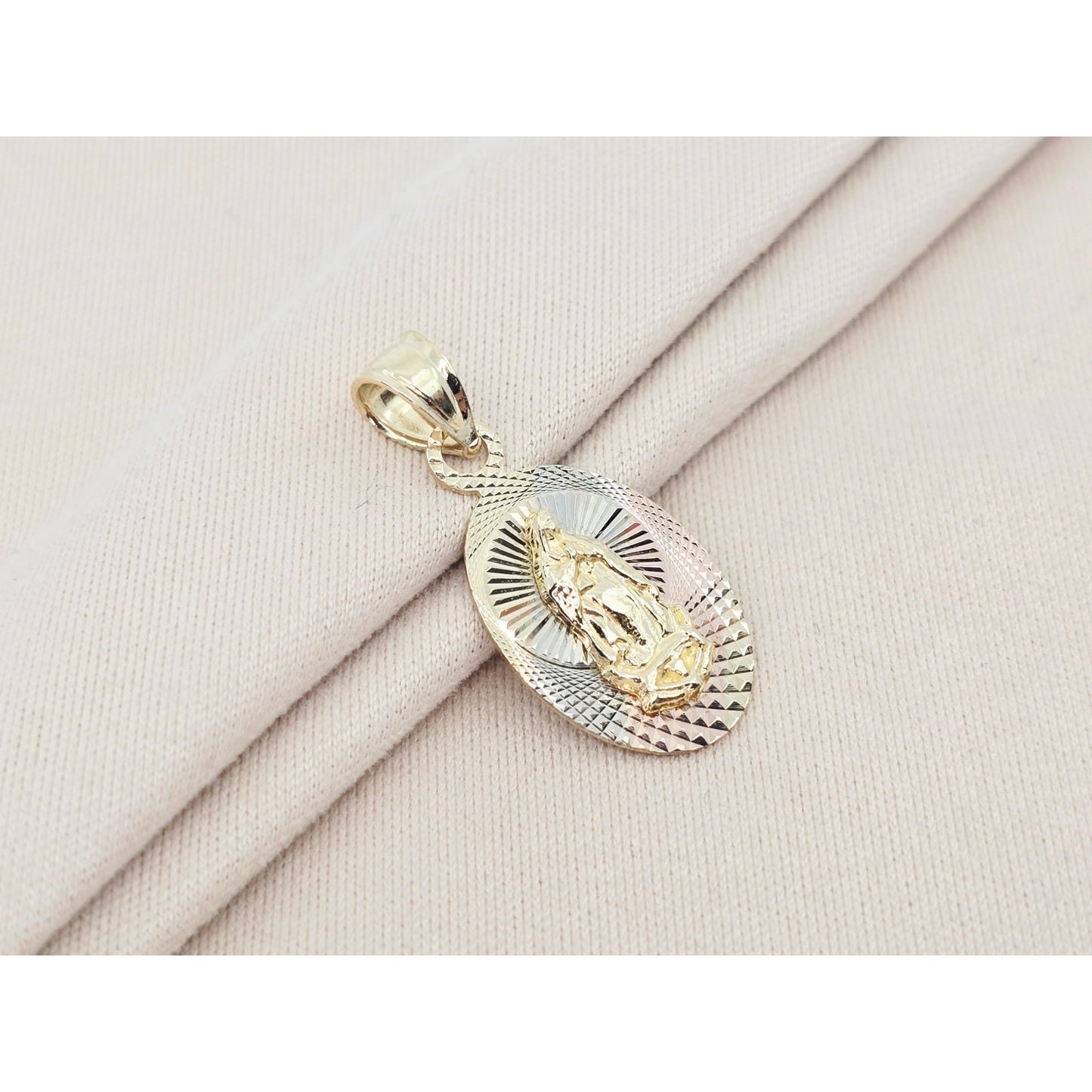 14K Two Tone Gold Oval Saint Mary Charm Pendant
