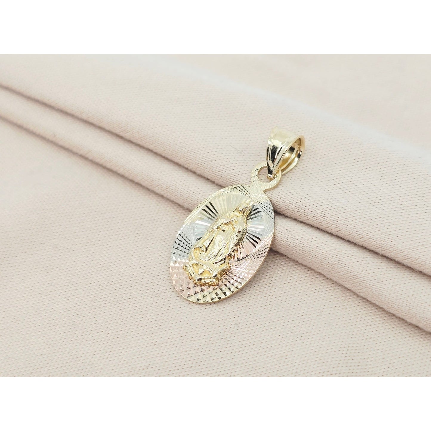 14K Two Tone Gold Oval Saint Mary Charm Pendant