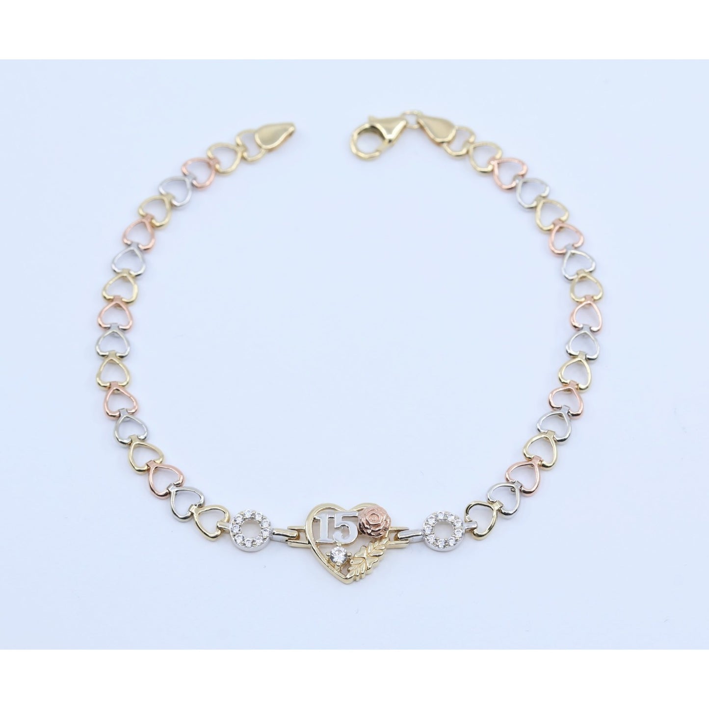 14K Tri Tone Gold 15 Anos Quinceanera Heart Link CZ Bracelet