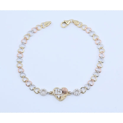 14K Tri Tone Gold 15 Anos Quinceanera Heart Link CZ Bracelet