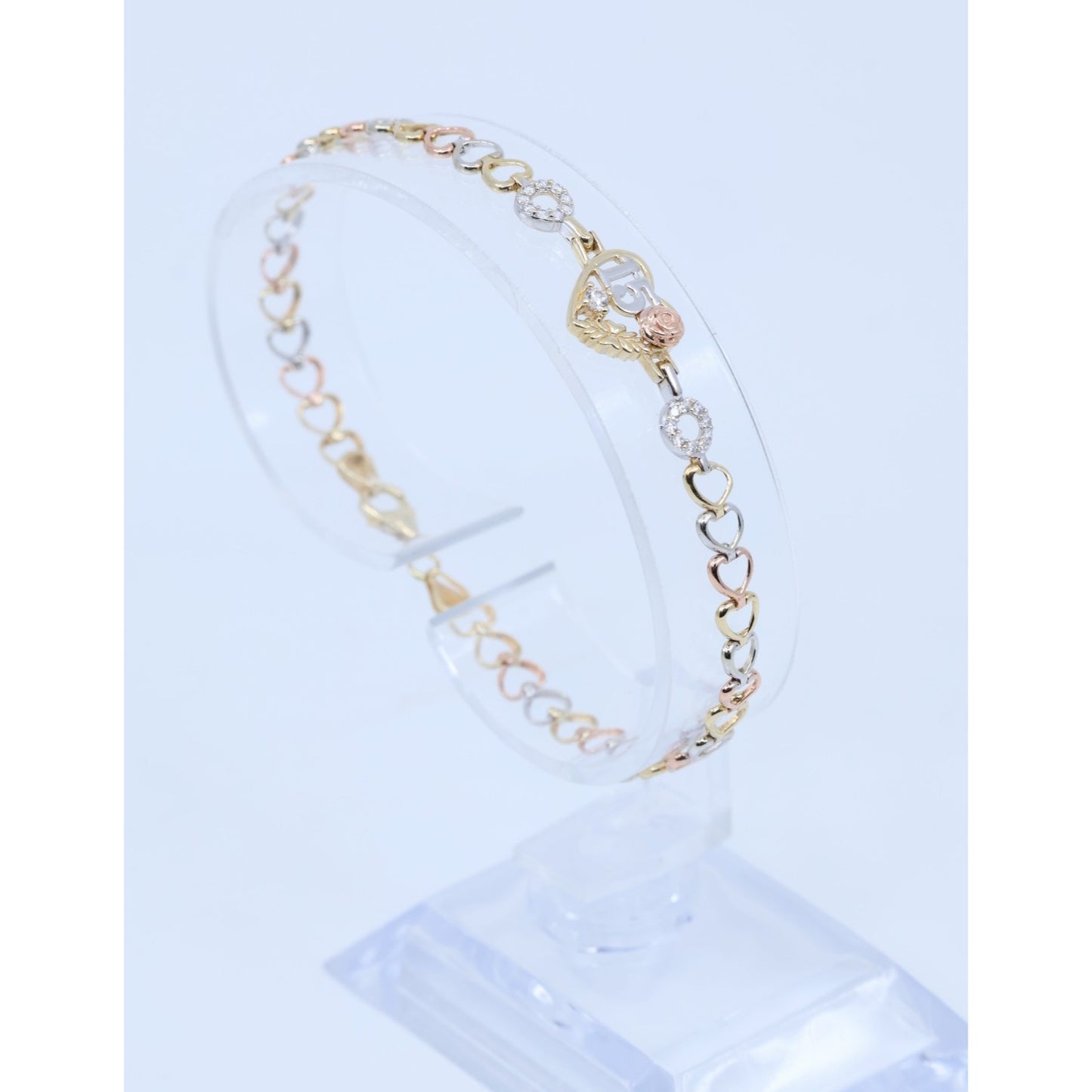 14K Tri Tone Gold 15 Anos Quinceanera Heart Link CZ Bracelet