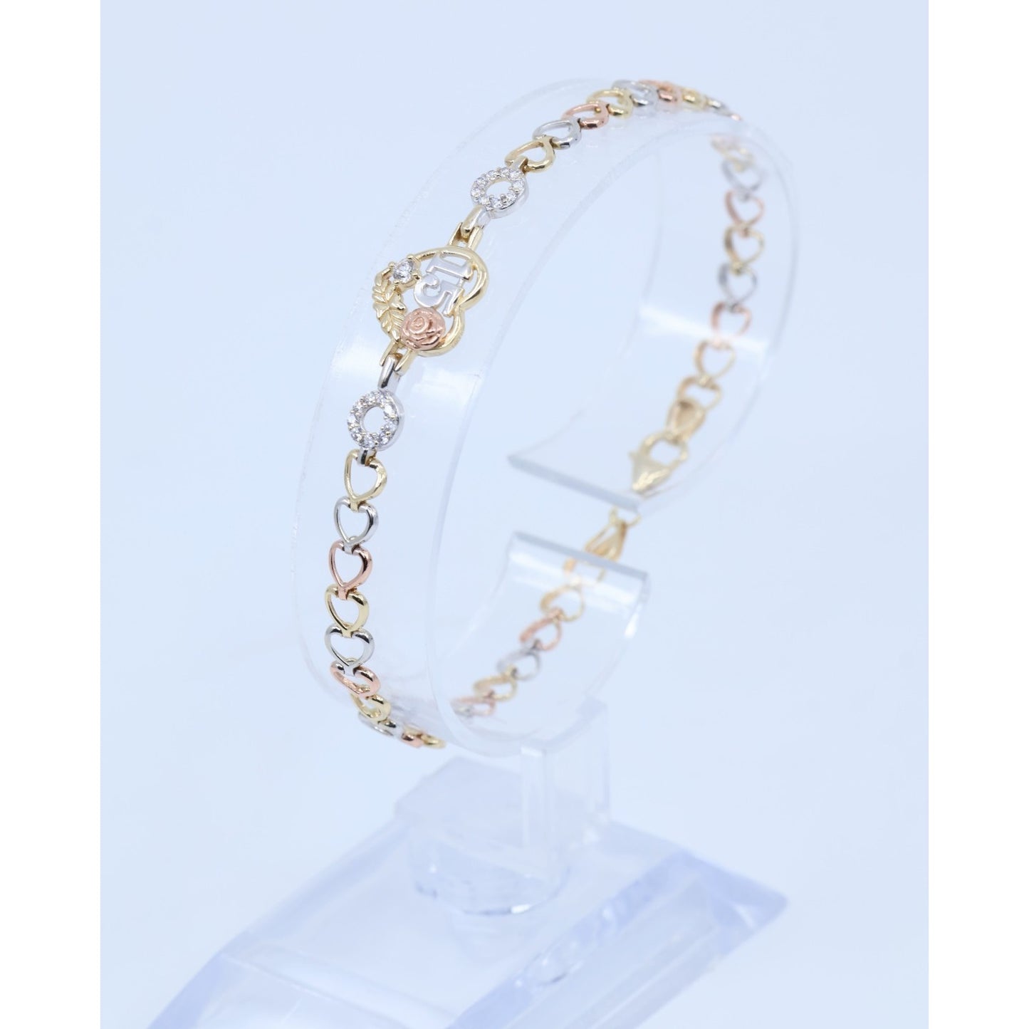 14K Tri Tone Gold 15 Anos Quinceanera Heart Link CZ Bracelet