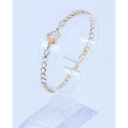 14K Tri Tone Gold 15 Anos Quinceanera Heart Link CZ Bracelet