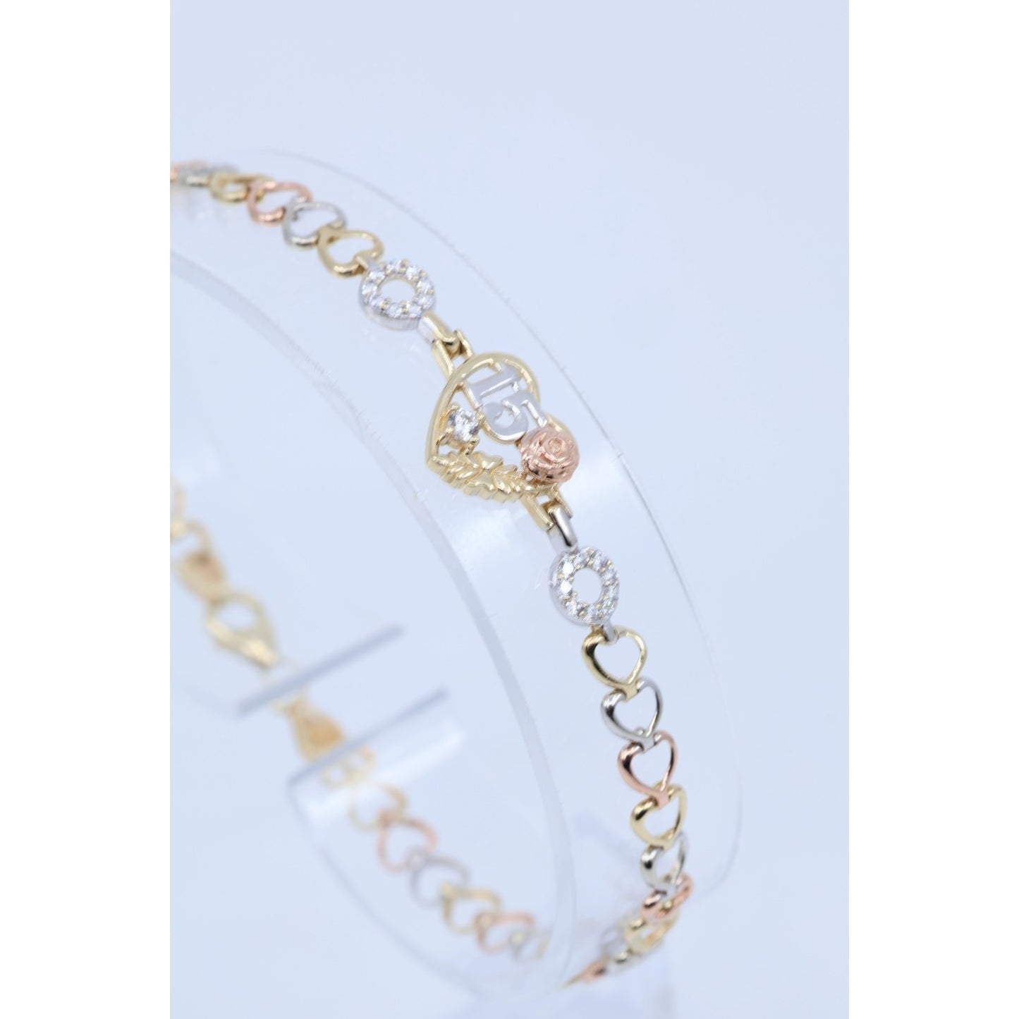 14K Tri Tone Gold 15 Anos Quinceanera Heart Link CZ Bracelet
