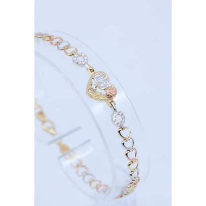 14K Tri Tone Gold 15 Anos Quinceanera Heart Link CZ Bracelet
