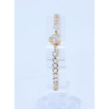 14K Tri Tone Gold 15 Anos Quinceanera Heart Link CZ Bracelet