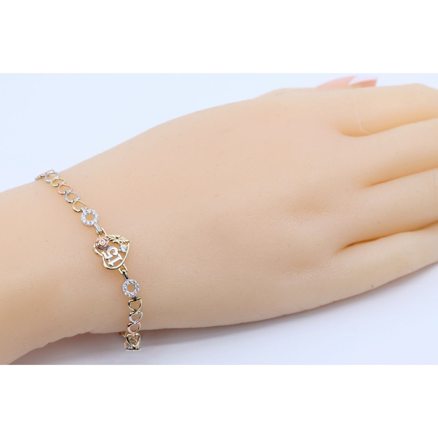 14K Tri Tone Gold 15 Anos Quinceanera Heart Link CZ Bracelet