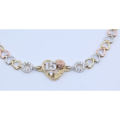 14K Tri Tone Gold 15 Anos Quinceanera Heart Link CZ Bracelet