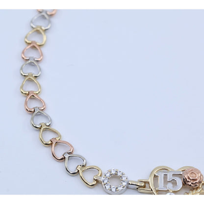 14K Tri Tone Gold 15 Anos Quinceanera Heart Link CZ Bracelet