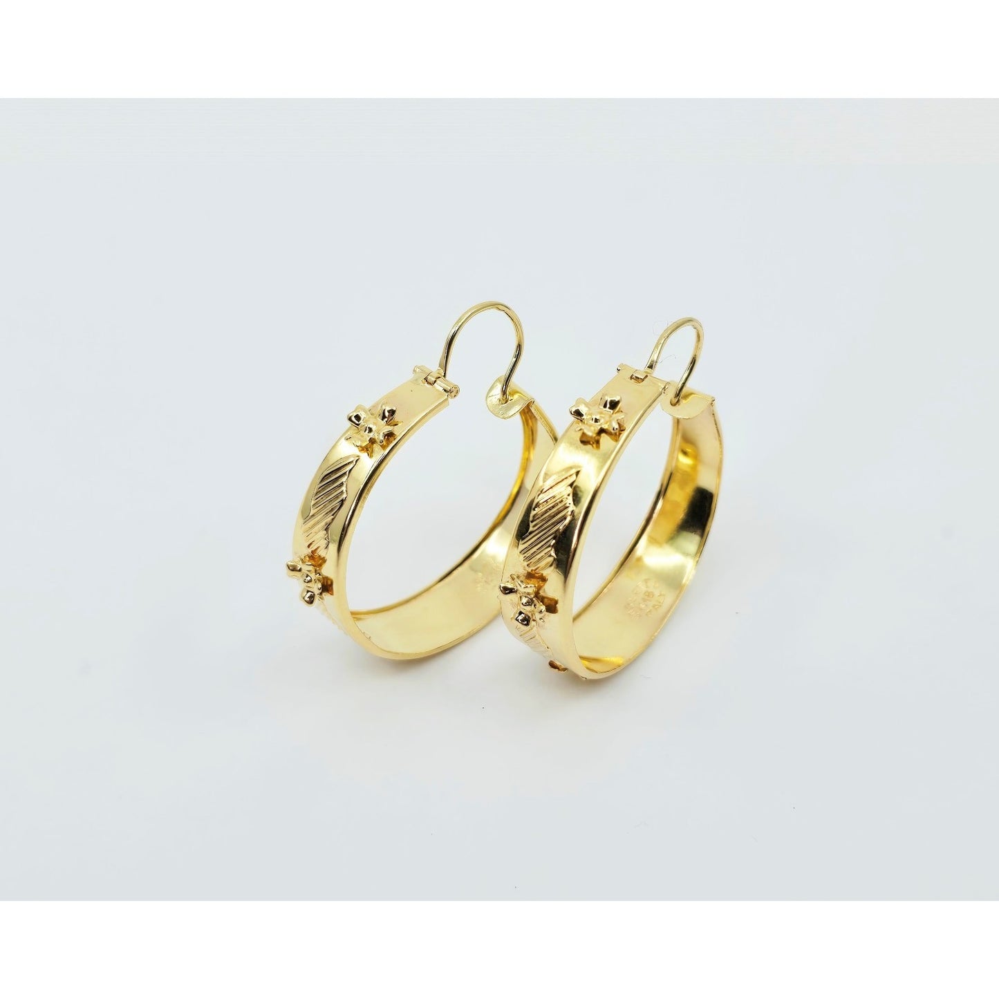 18K Yellow Gold Floral Wide Bangle Dangle Hoop Earrings