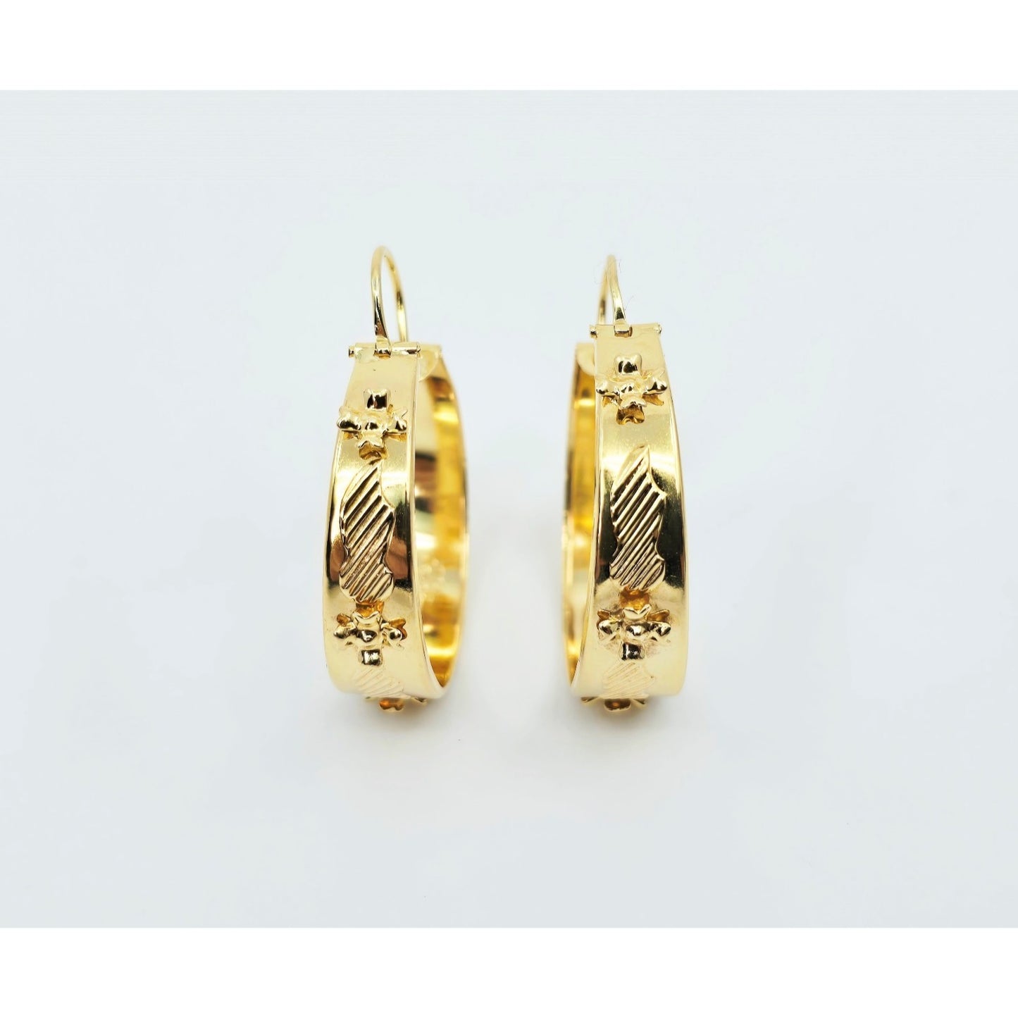 18K Yellow Gold Floral Wide Bangle Dangle Hoop Earrings