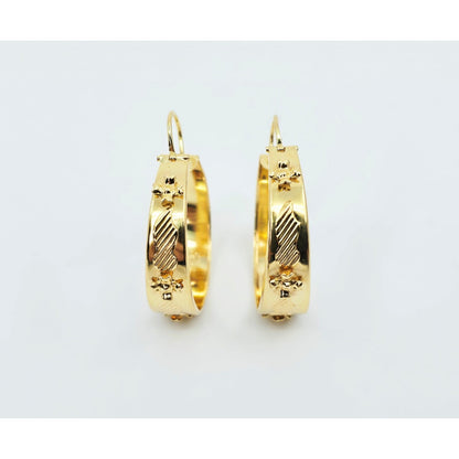 18K Yellow Gold Floral Wide Bangle Dangle Hoop Earrings