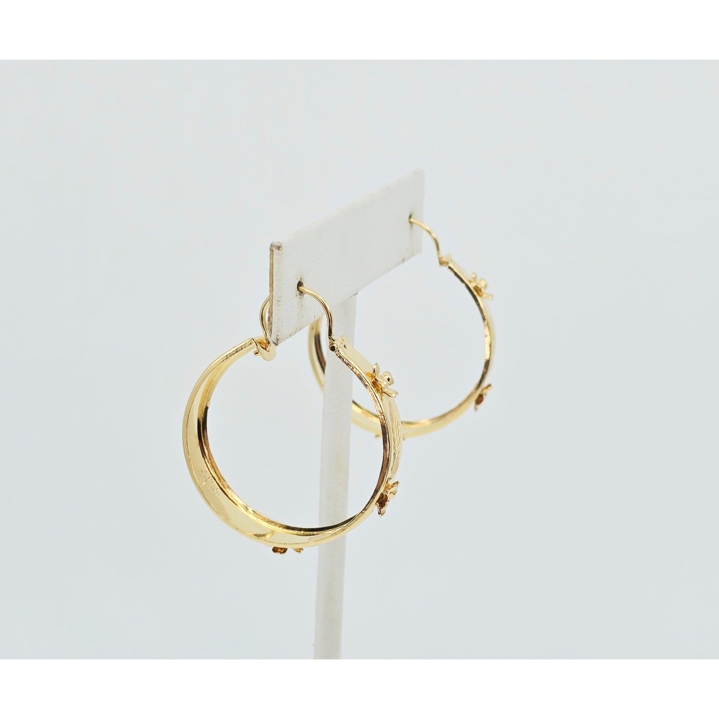 18K Yellow Gold Floral Wide Bangle Dangle Hoop Earrings
