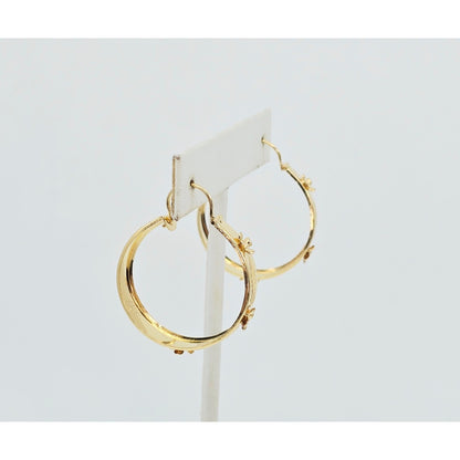 18K Yellow Gold Floral Wide Bangle Dangle Hoop Earrings