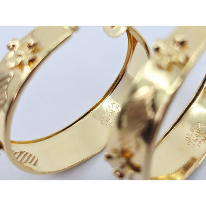 18K Yellow Gold Floral Wide Bangle Dangle Hoop Earrings