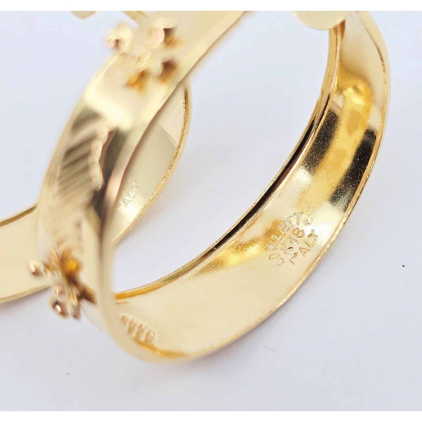 18K Yellow Gold Floral Wide Bangle Dangle Hoop Earrings
