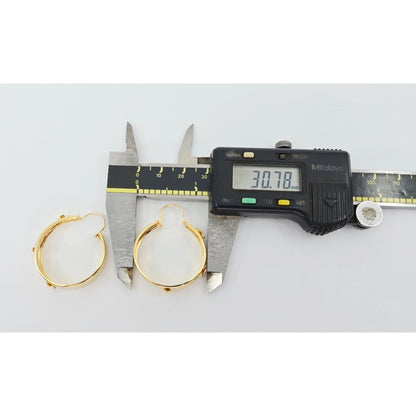 18K Yellow Gold Floral Wide Bangle Dangle Hoop Earrings
