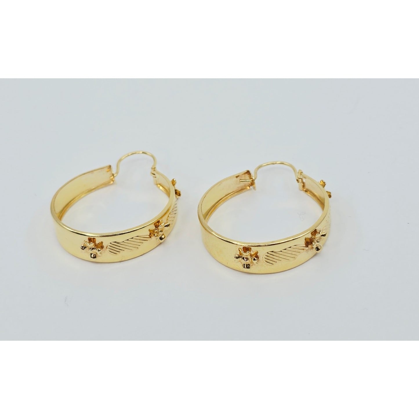 18K Yellow Gold Floral Wide Bangle Dangle Hoop Earrings