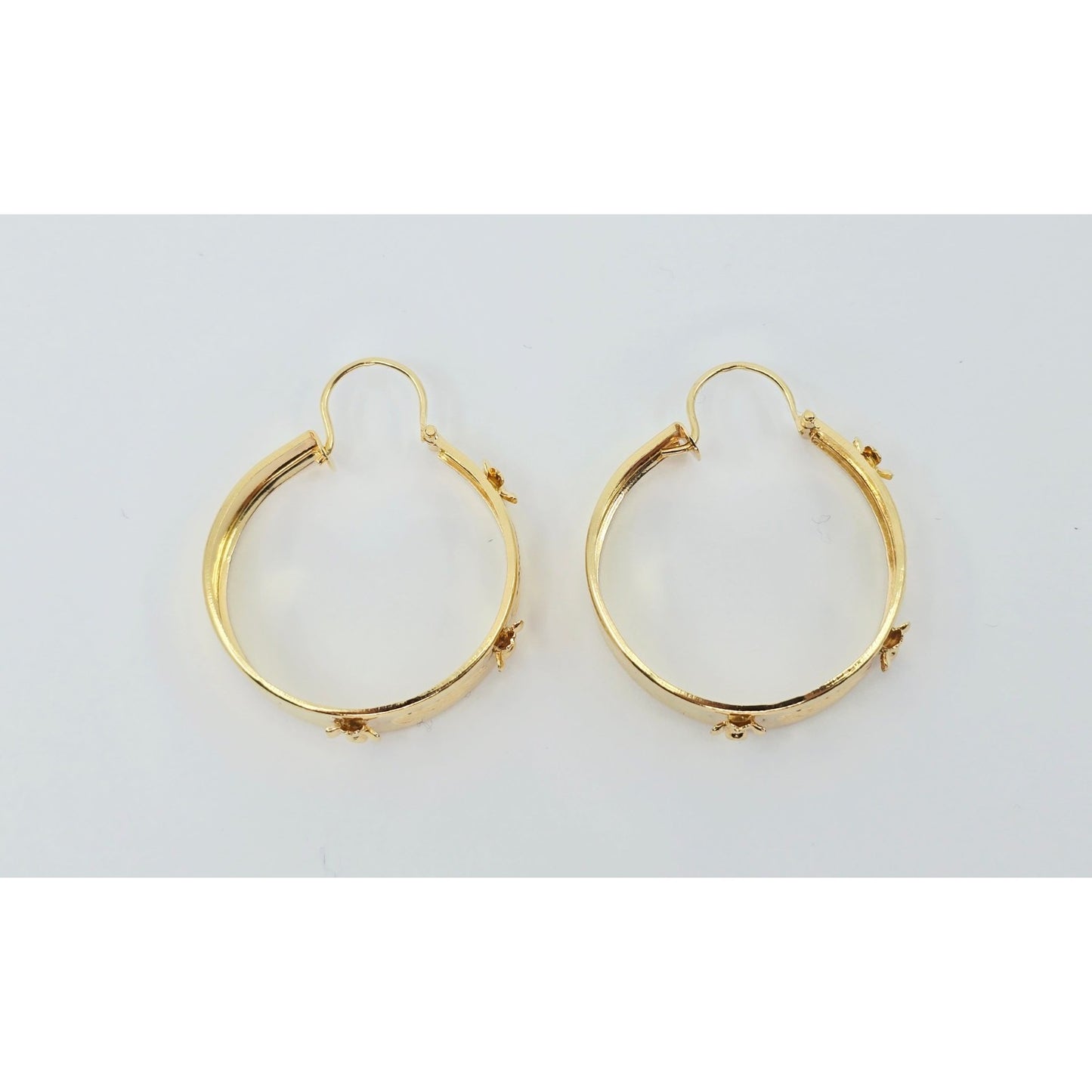 18K Yellow Gold Floral Wide Bangle Dangle Hoop Earrings