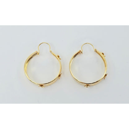 18K Yellow Gold Floral Wide Bangle Dangle Hoop Earrings
