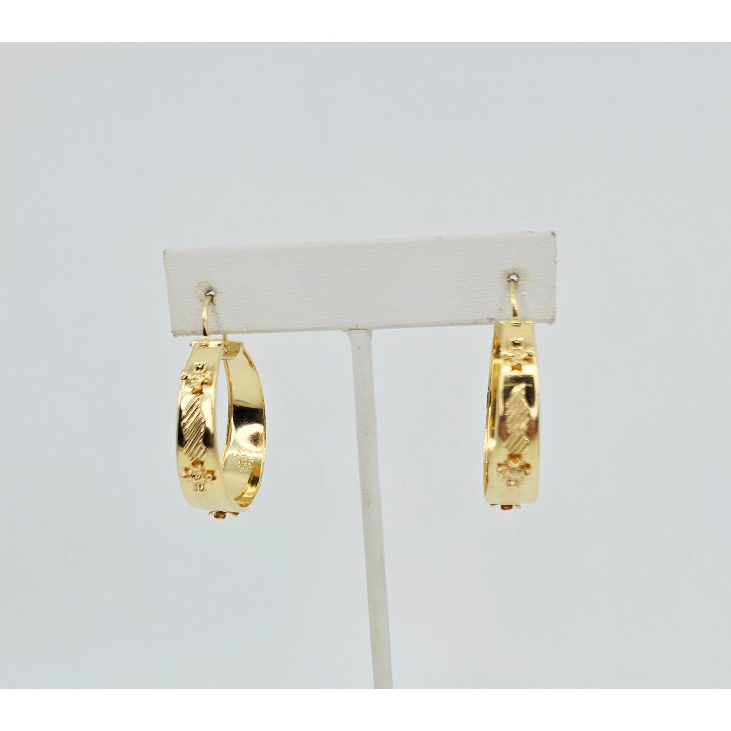 18K Yellow Gold Floral Wide Bangle Dangle Hoop Earrings