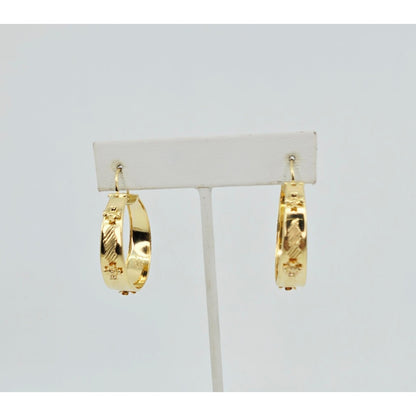 18K Yellow Gold Floral Wide Bangle Dangle Hoop Earrings