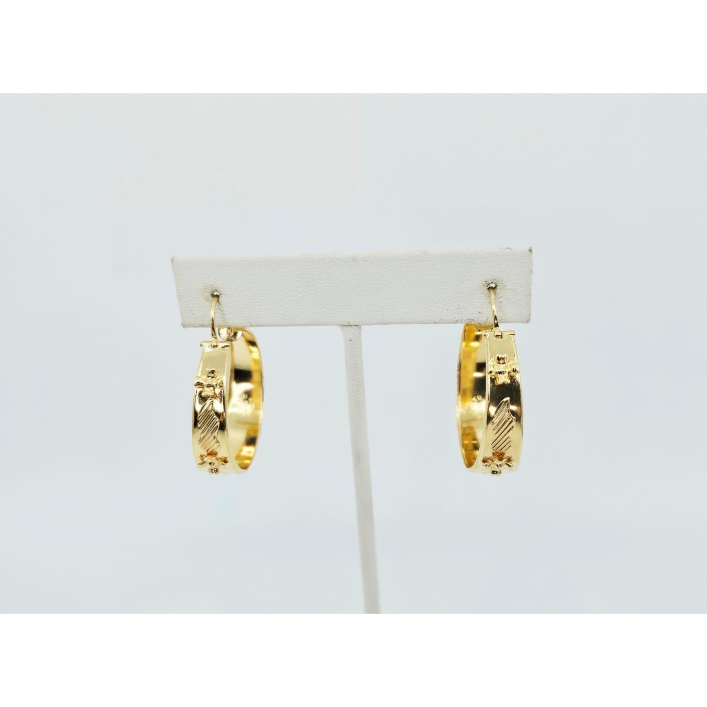 18K Yellow Gold Floral Wide Bangle Dangle Hoop Earrings