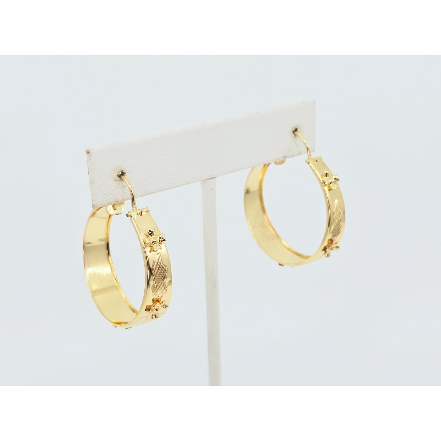 18K Yellow Gold Floral Wide Bangle Dangle Hoop Earrings