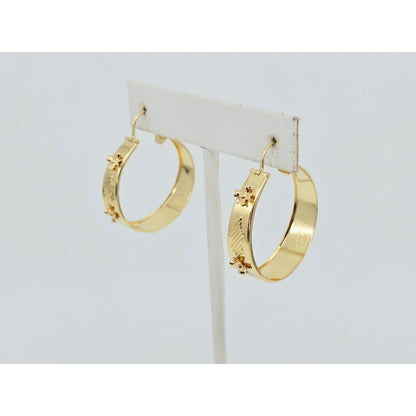 18K Yellow Gold Floral Wide Bangle Dangle Hoop Earrings