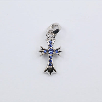 Chrome Hearts 18K White Gold Baby Fat Cross Pave Blue Sapphire Pendant Charm