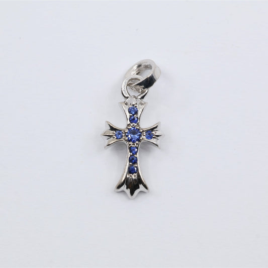 Chrome Hearts 18K White Gold Baby Fat Cross Pave Blue Sapphire Pendant Charm
