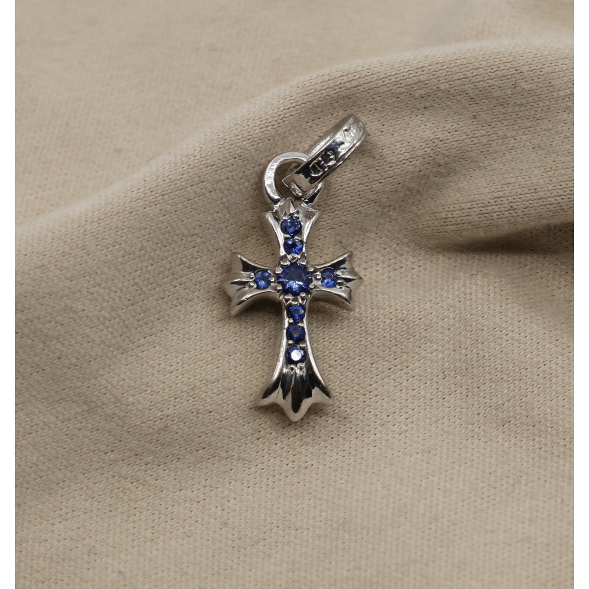 Chrome Hearts 18K White Gold Baby Fat Cross Pave Blue Sapphire Pendant Charm
