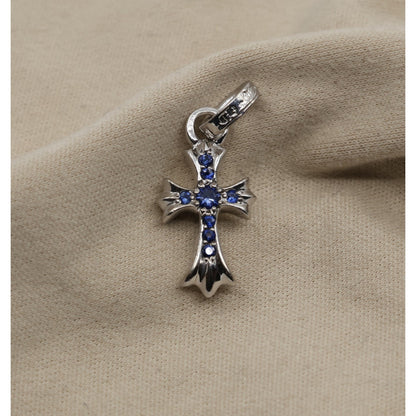 Chrome Hearts 18K White Gold Baby Fat Cross Pave Blue Sapphire Pendant Charm