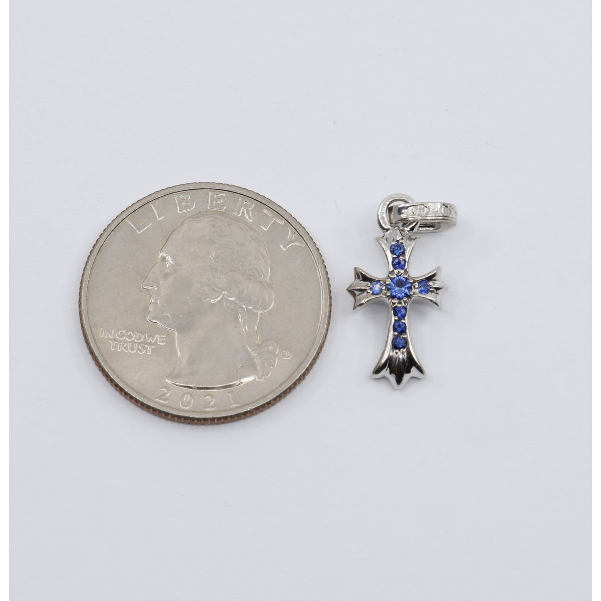Chrome Hearts 18K White Gold Baby Fat Cross Pave Blue Sapphire Pendant Charm