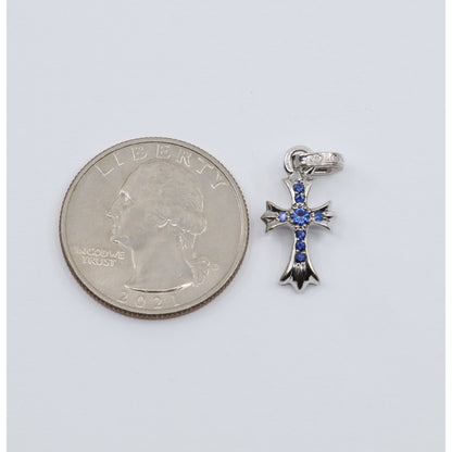 Chrome Hearts 18K White Gold Baby Fat Cross Pave Blue Sapphire Pendant Charm