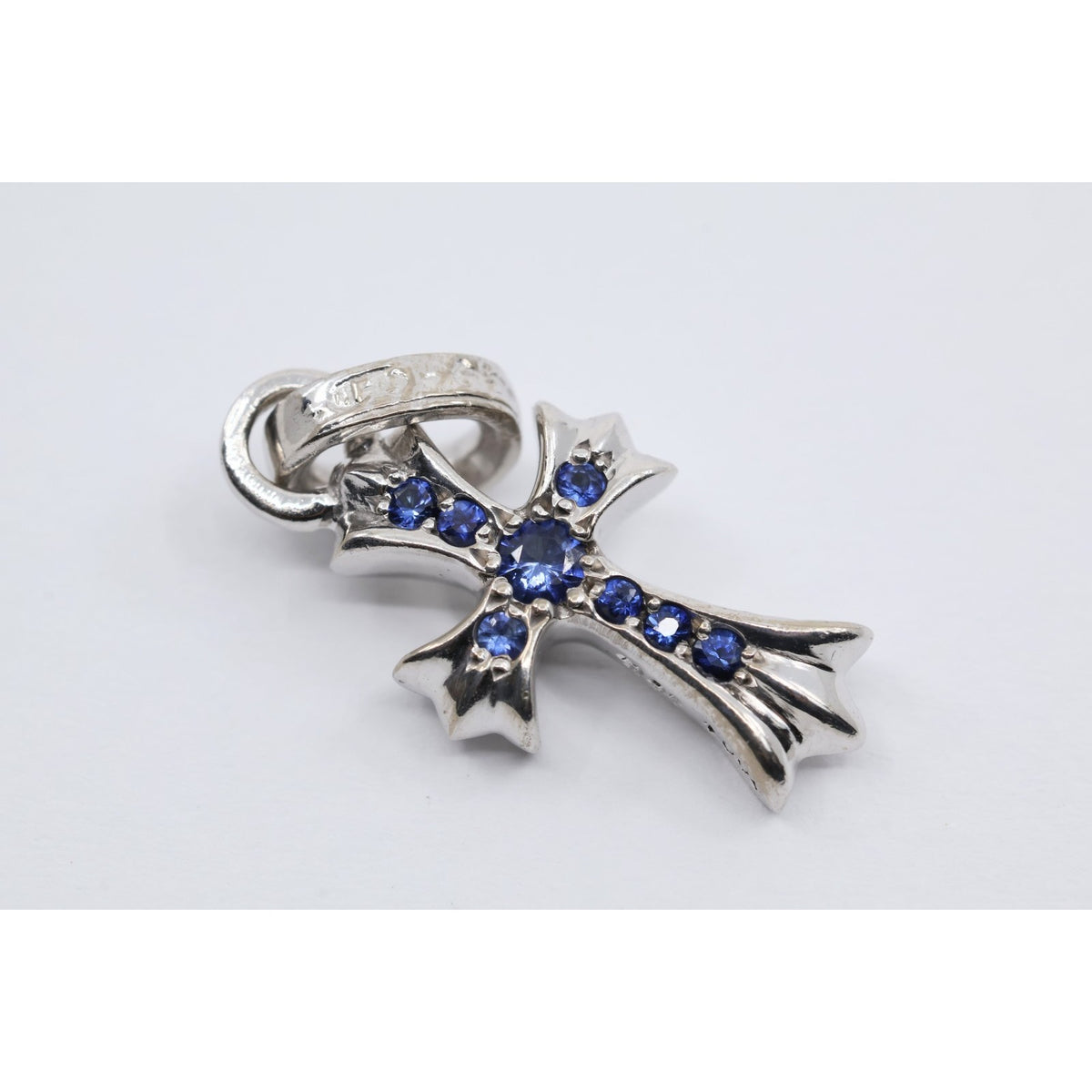 Chrome Hearts 18K White Gold Baby Fat Cross Pave Blue Sapphire Pendant Charm