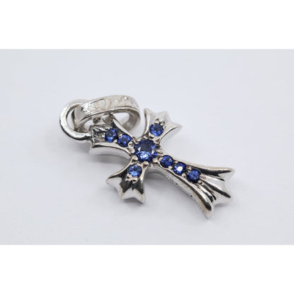 Chrome Hearts 18K White Gold Baby Fat Cross Pave Blue Sapphire Pendant Charm